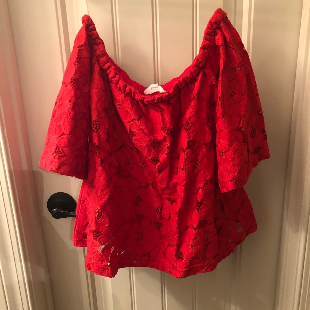 red off the shoulder lace top